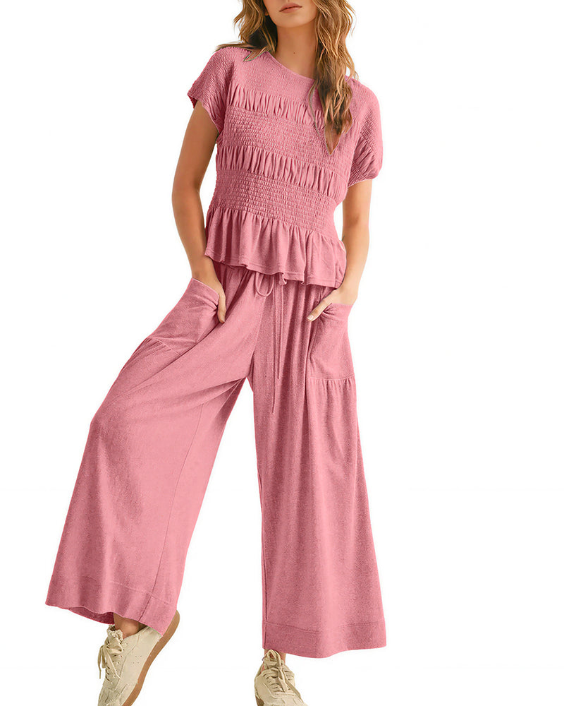 Vyla™ Smocked Peplum Top and Wide Leg Pants Two-Piece Set
