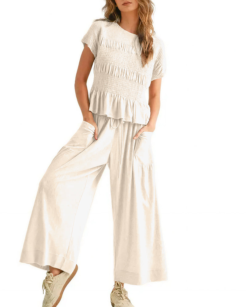 Vyla™ Smocked Peplum Top and Wide Leg Pants Two-Piece Set