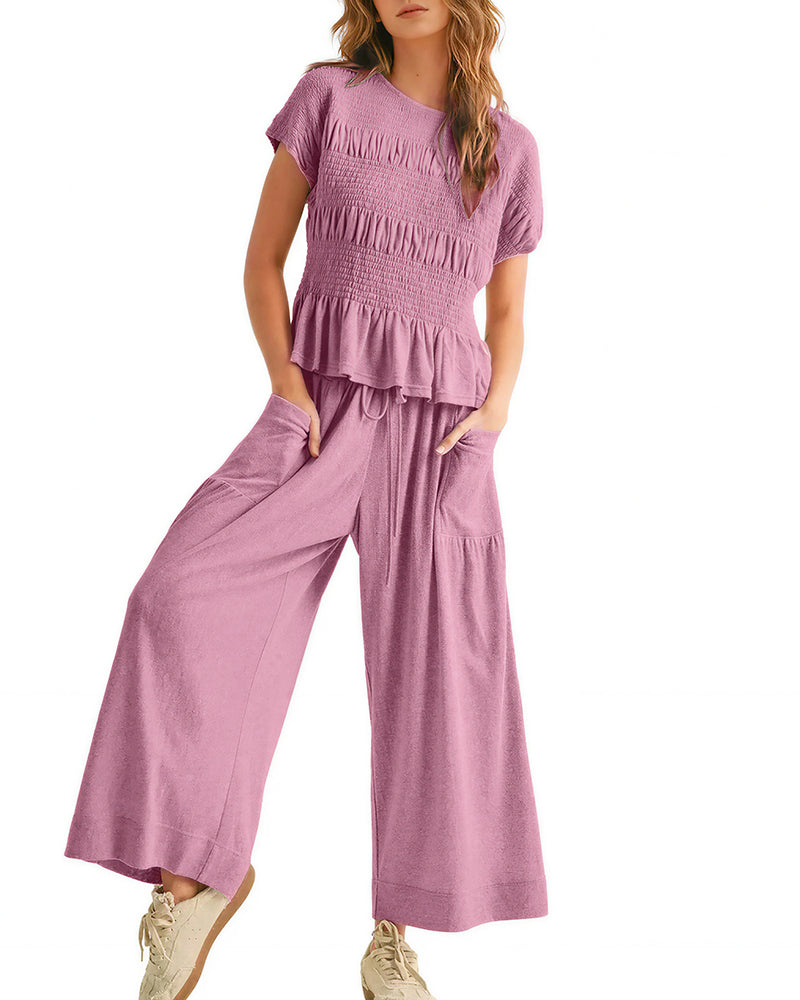 Vyla™ Smocked Peplum Top and Wide Leg Pants Two-Piece Set