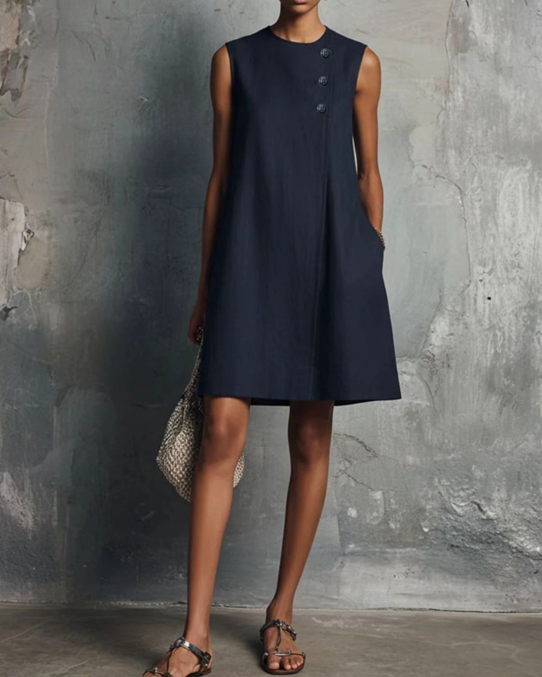 Vyla™ Commuter Round Neck Buttons Mini Dress