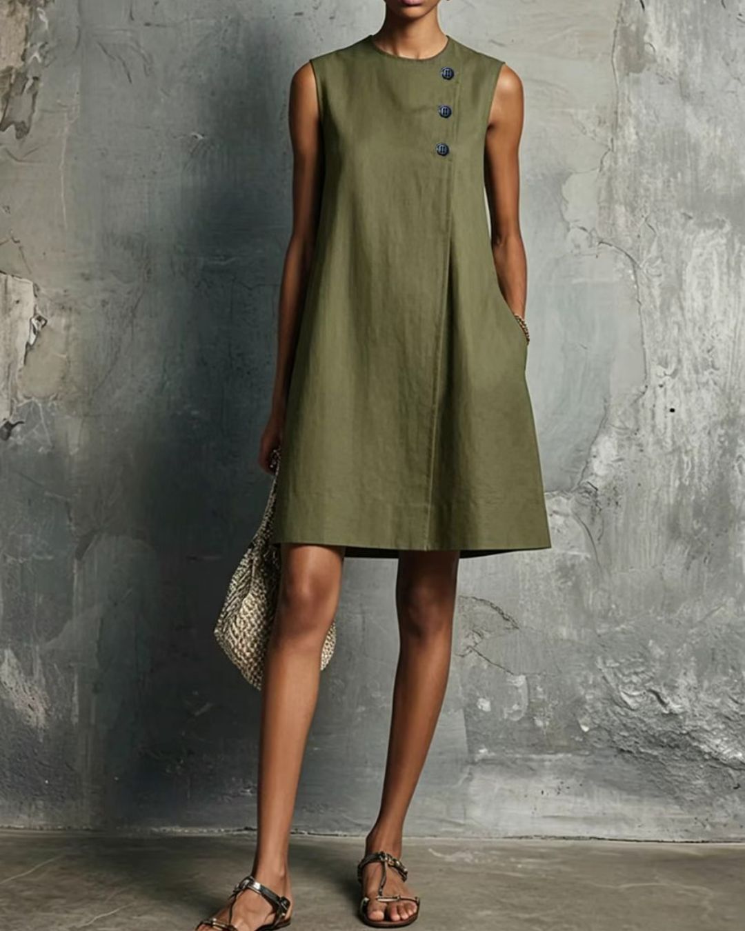 Vyla™ Commuter Round Neck Buttons Mini Dress