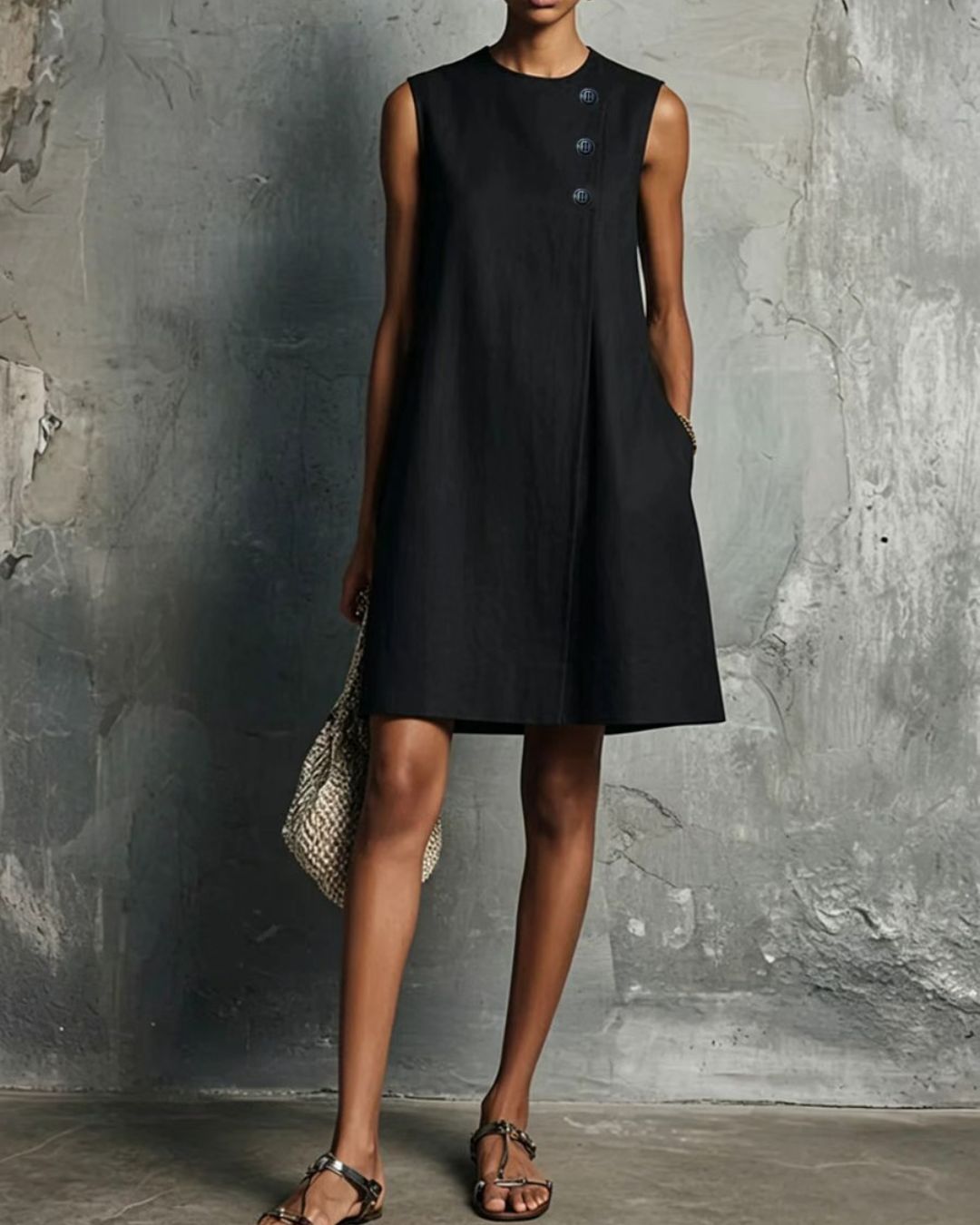 Vyla™ Commuter Round Neck Buttons Mini Dress