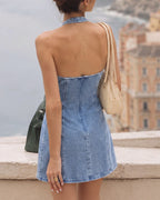 Vyla™ Vintage Washed Lace-Trim Denim Halter Mini Dress