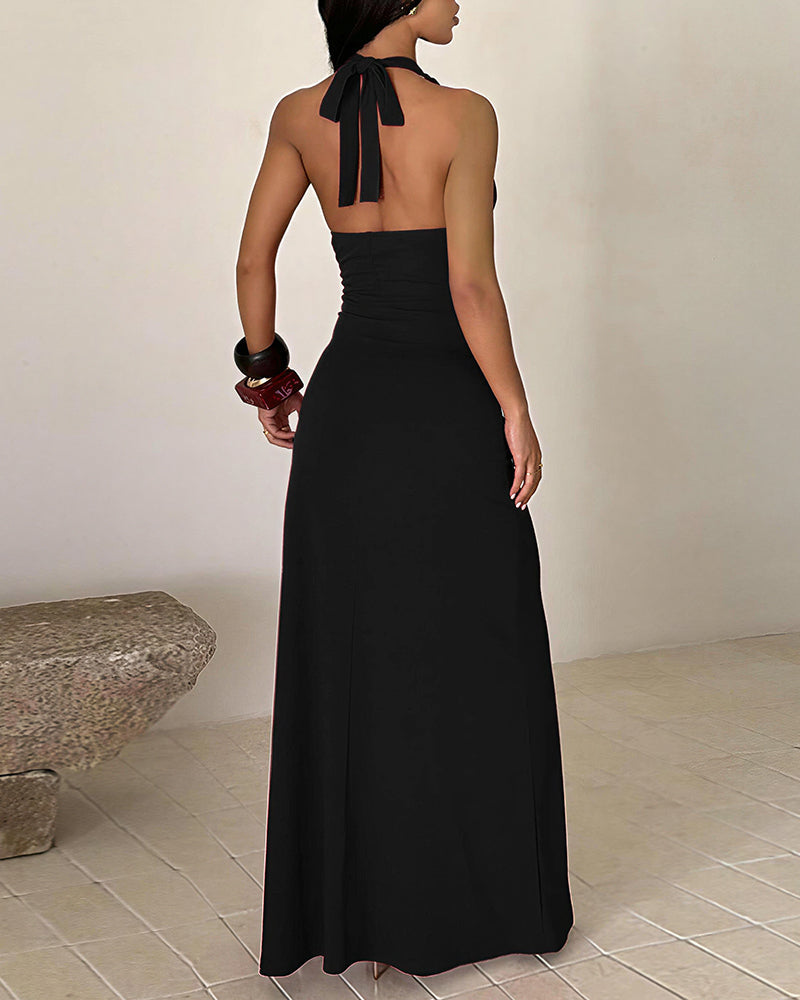 Vyla™ Halter Neck Ruched High Slit Maxi Dress