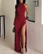 Vyla™ Halter Neck Ruched High Slit Maxi Dress
