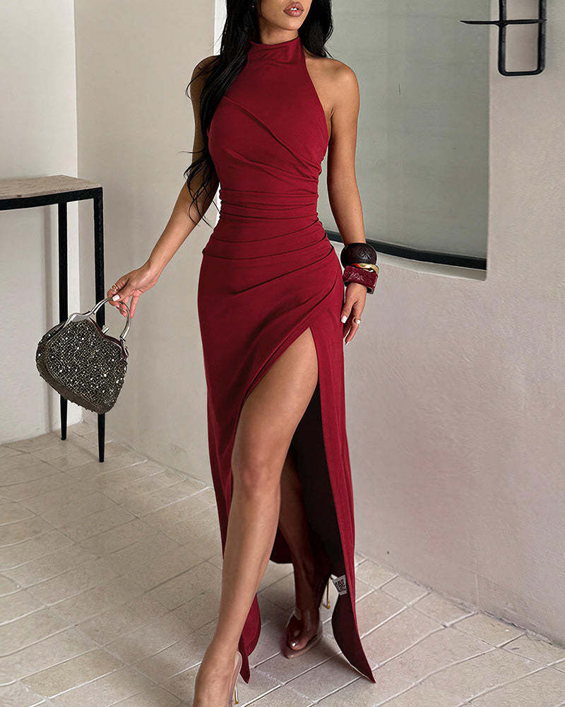 Vyla™ Halter Neck Ruched High Slit Maxi Dress