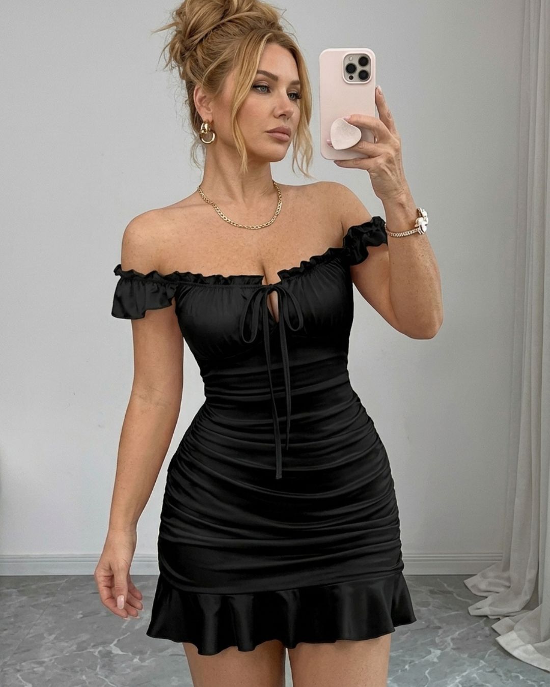 Vyla™ Front-Lace-Up Ruffled Waist-Cinched Slim-Fit Dress