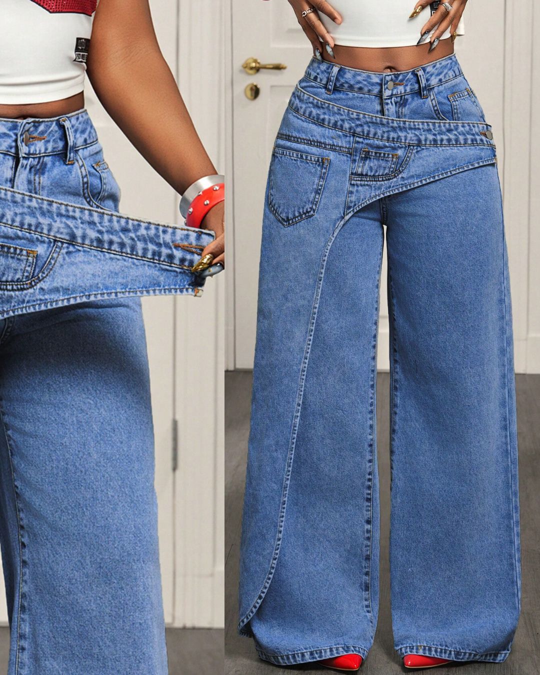 Aloveta™ Button & Asymmetric Pocket Wide-Leg Jeans
