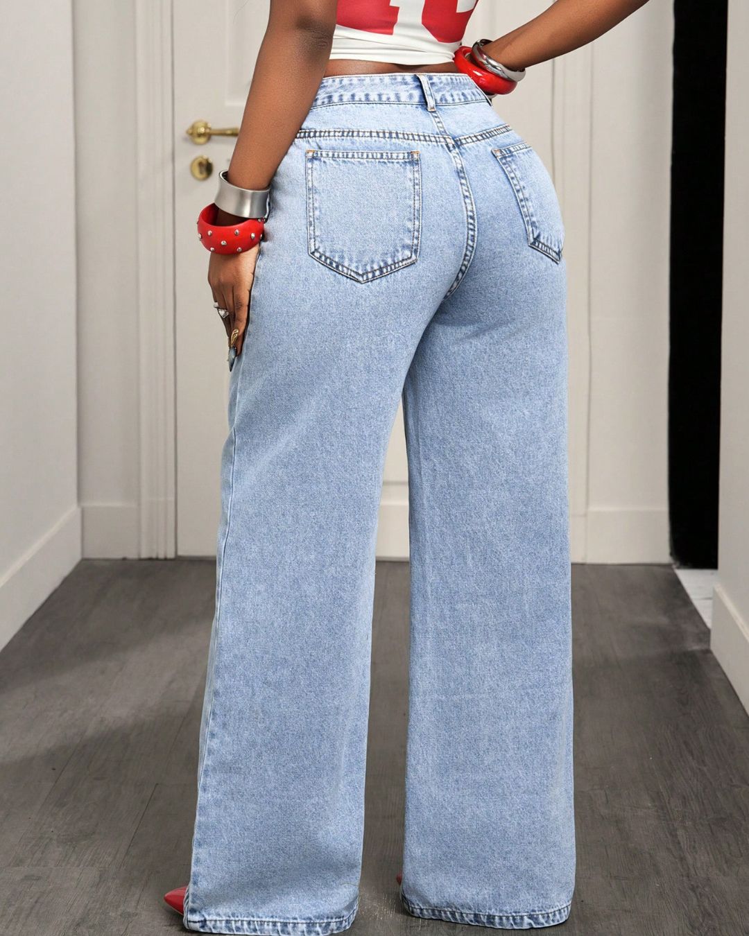 Aloveta™ Button & Asymmetric Pocket Wide-Leg Jeans