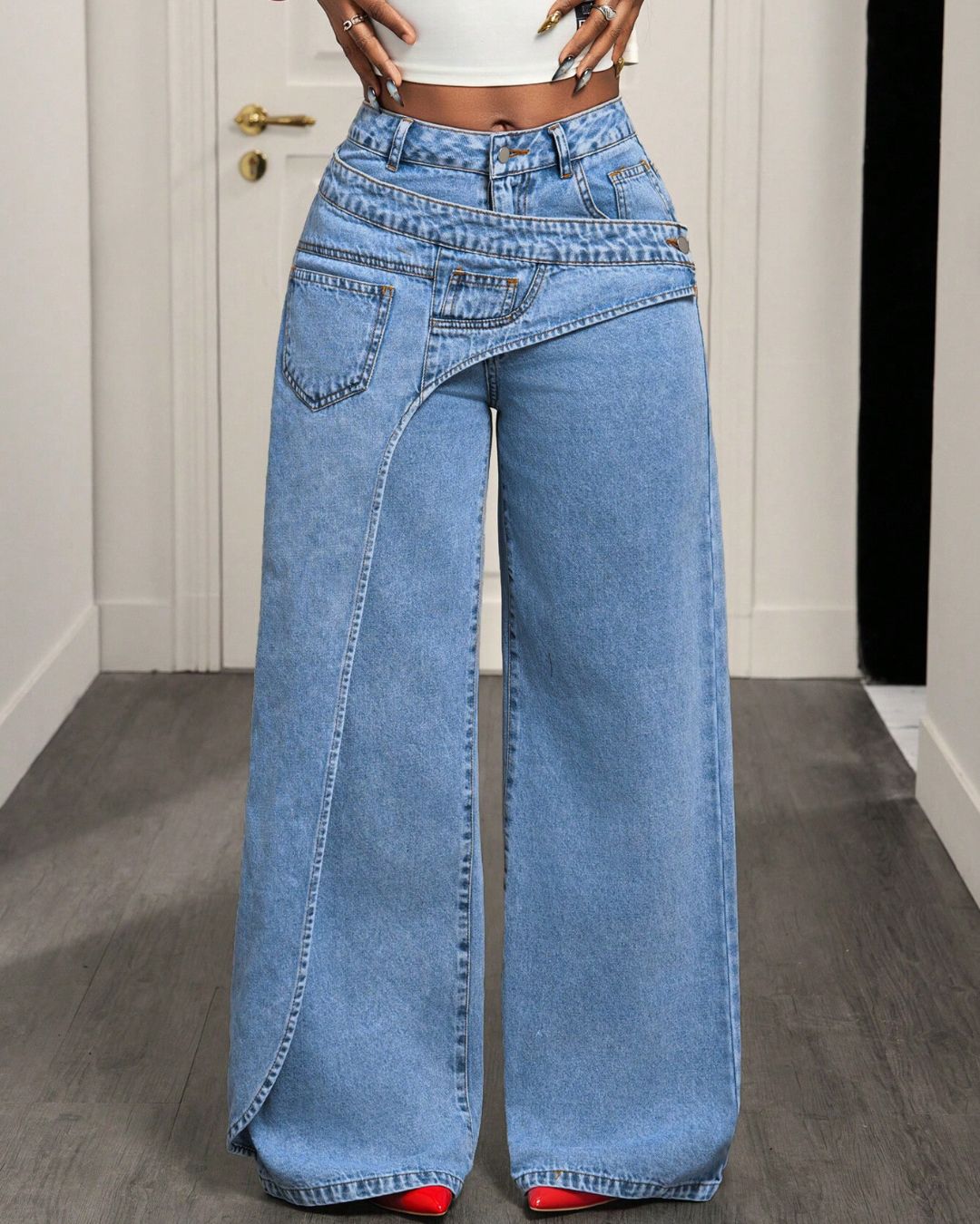 Vyla™ Button & Asymmetric Pocket Wide-Leg Jeans
