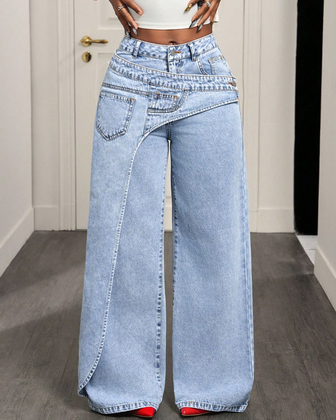 Aloveta™ Button & Asymmetric Pocket Wide-Leg Jeans