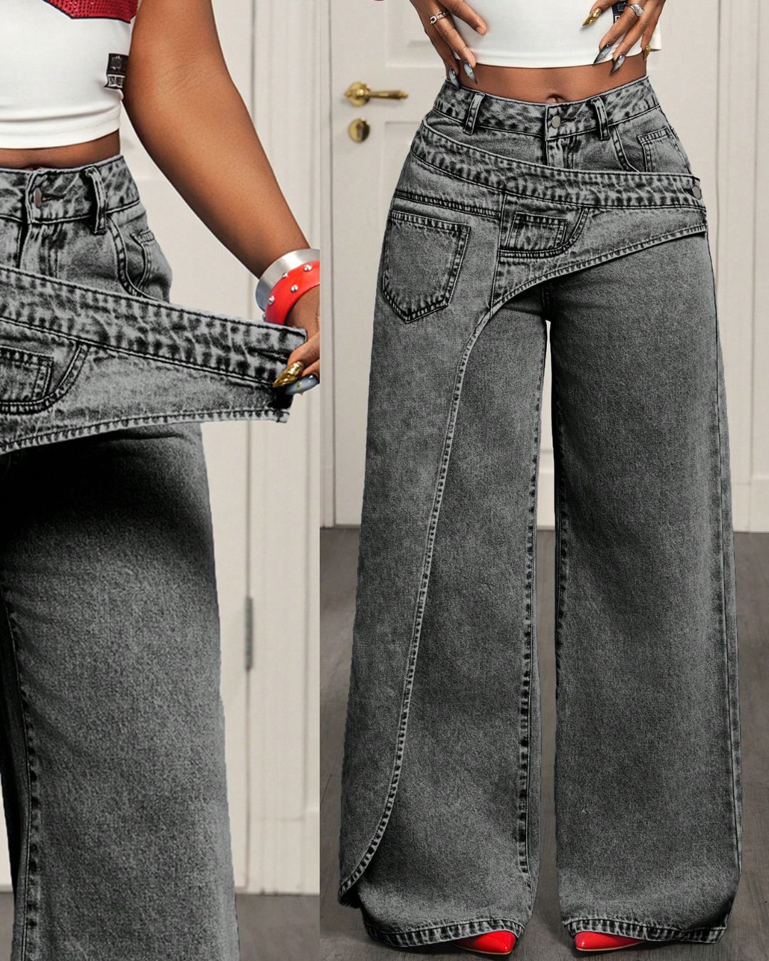 Aloveta™ Button & Asymmetric Pocket Wide-Leg Jeans