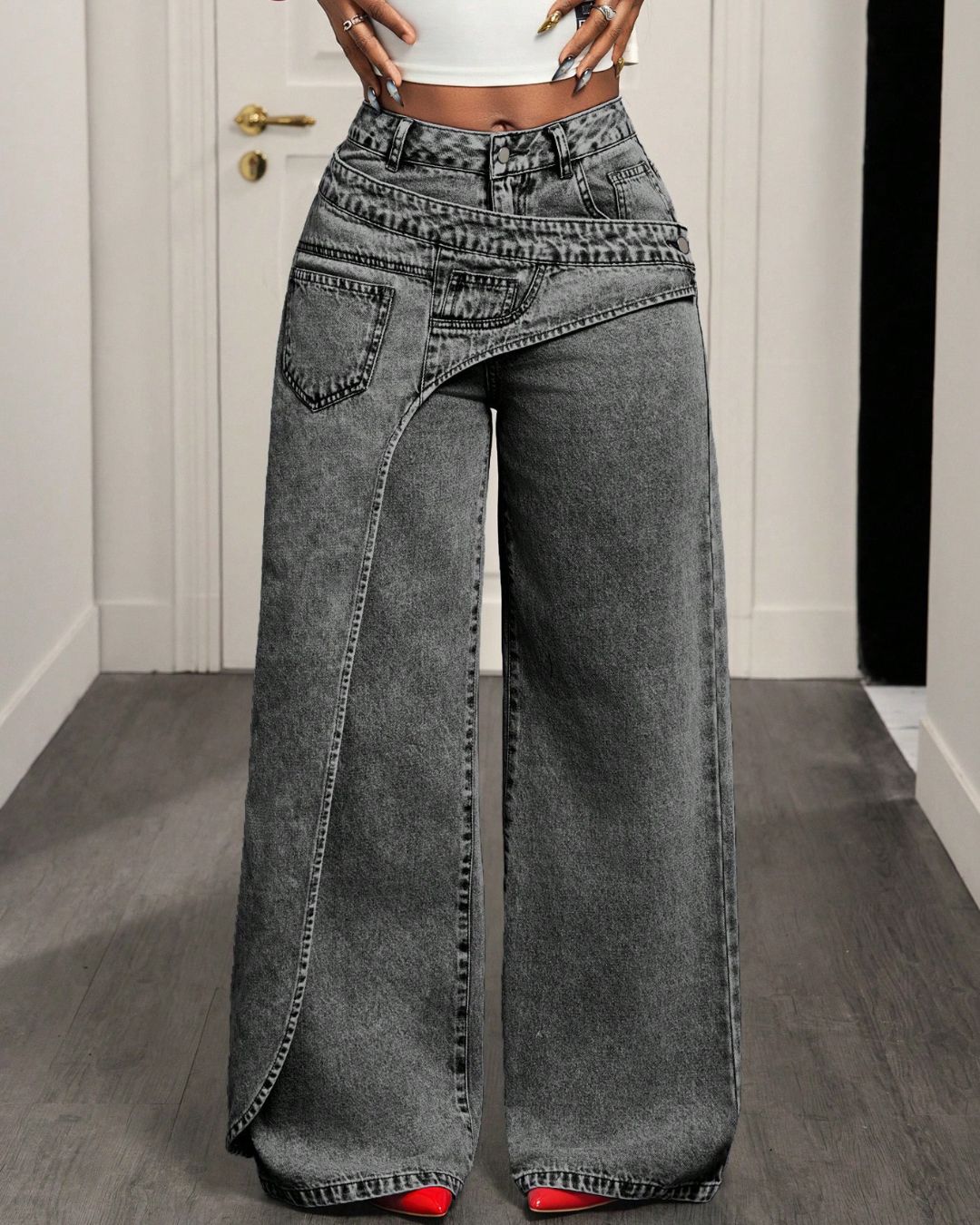 Vyla™ Button & Asymmetric Pocket Wide-Leg Jeans