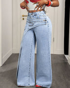 Vyla™ Button & Asymmetric Pocket Wide-Leg Jeans
