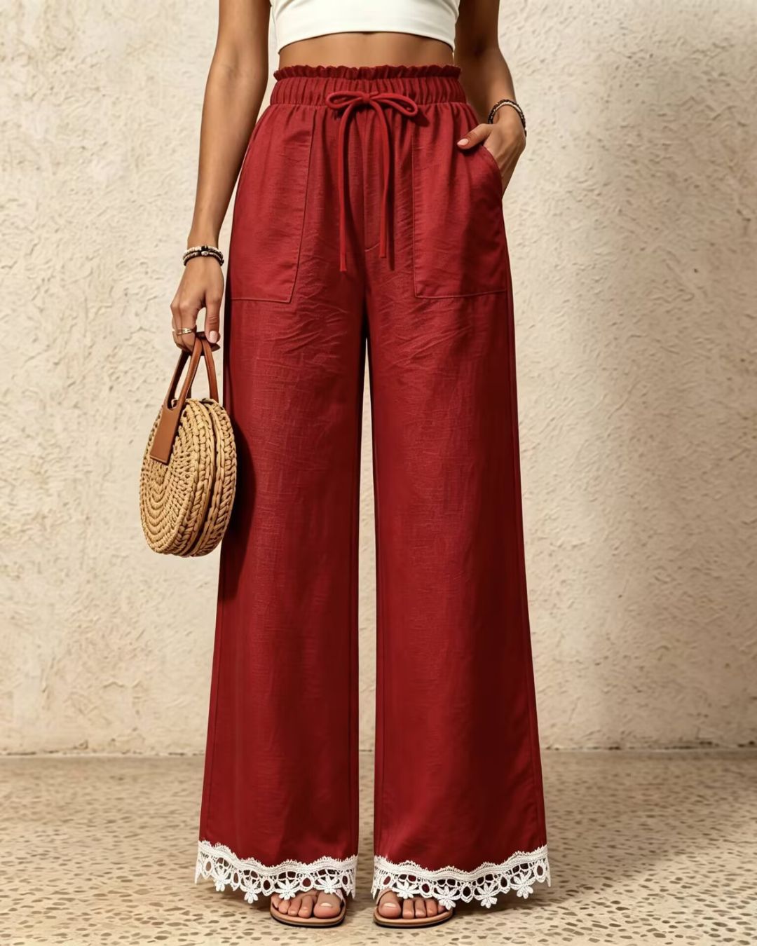 Vyla™ Lace Trim Wide-Leg Casual Straight-Leg Pants