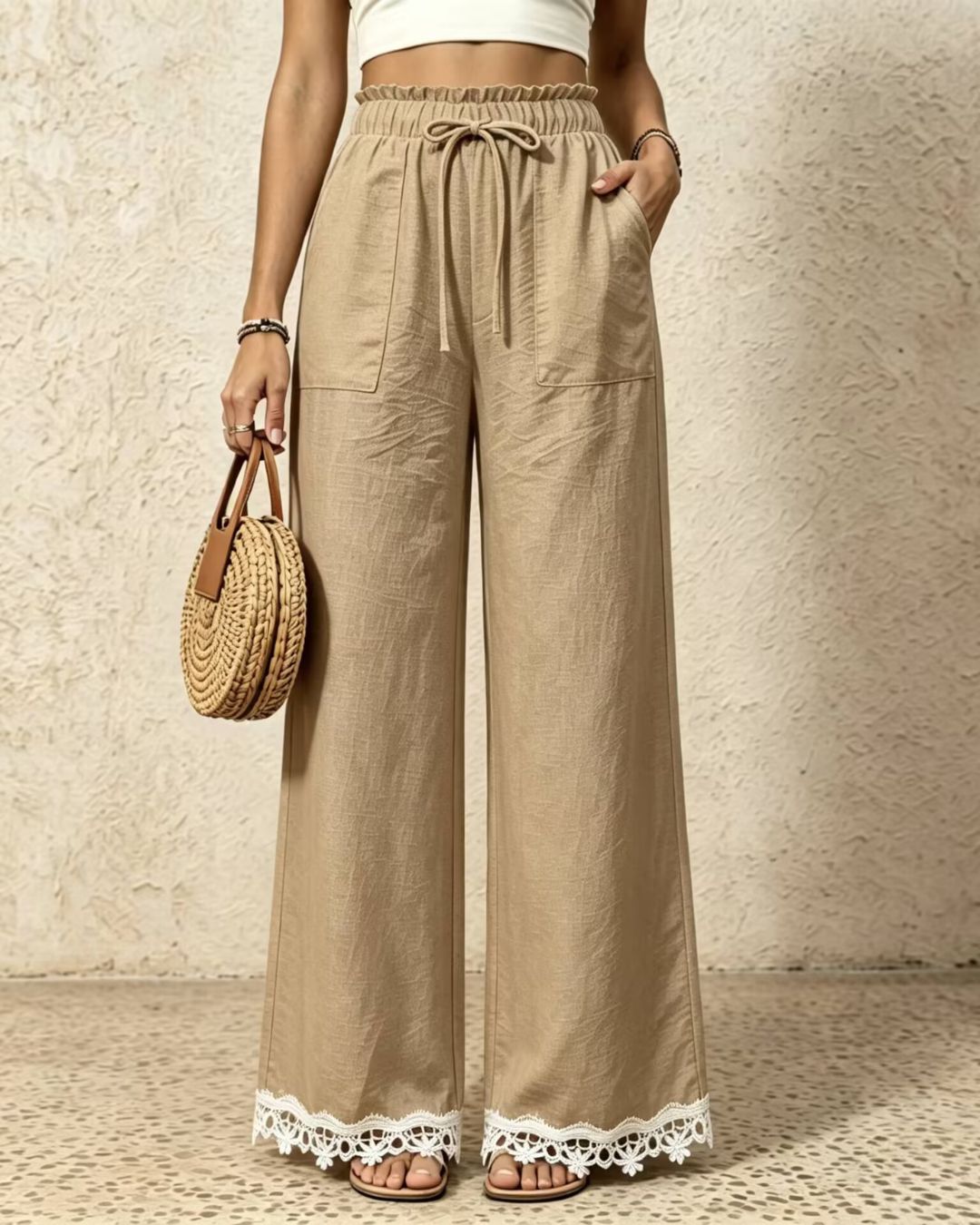 Vyla™ Lace Trim Wide-Leg Casual Straight-Leg Pants