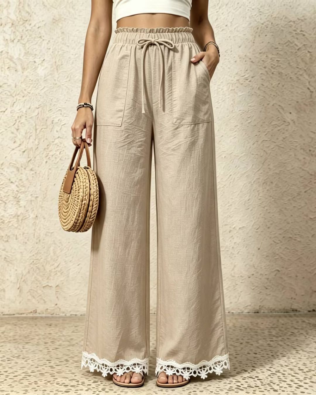 Vyla™ Lace Trim Wide-Leg Casual Straight-Leg Pants