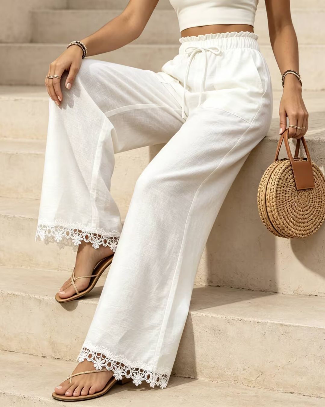 Vyla™ Lace Trim Wide-Leg Casual Straight-Leg Pants