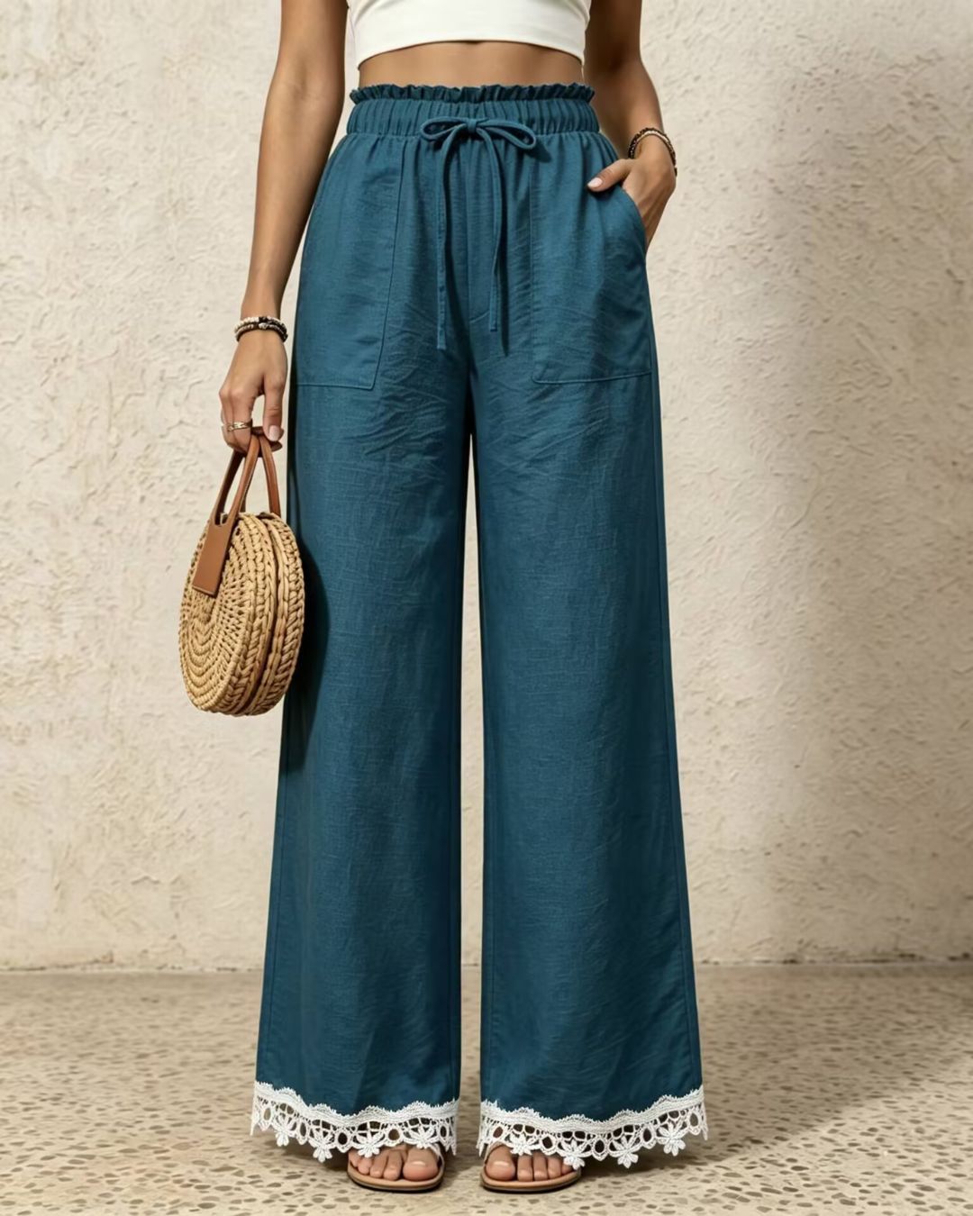 Vyla™ Lace Trim Wide-Leg Casual Straight-Leg Pants
