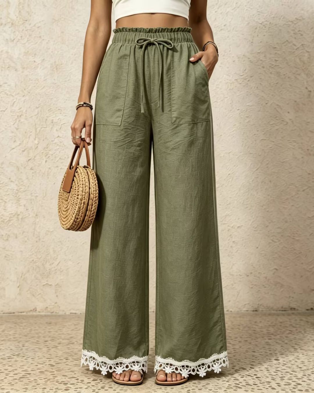 Vyla™ Lace Trim Wide-Leg Casual Straight-Leg Pants