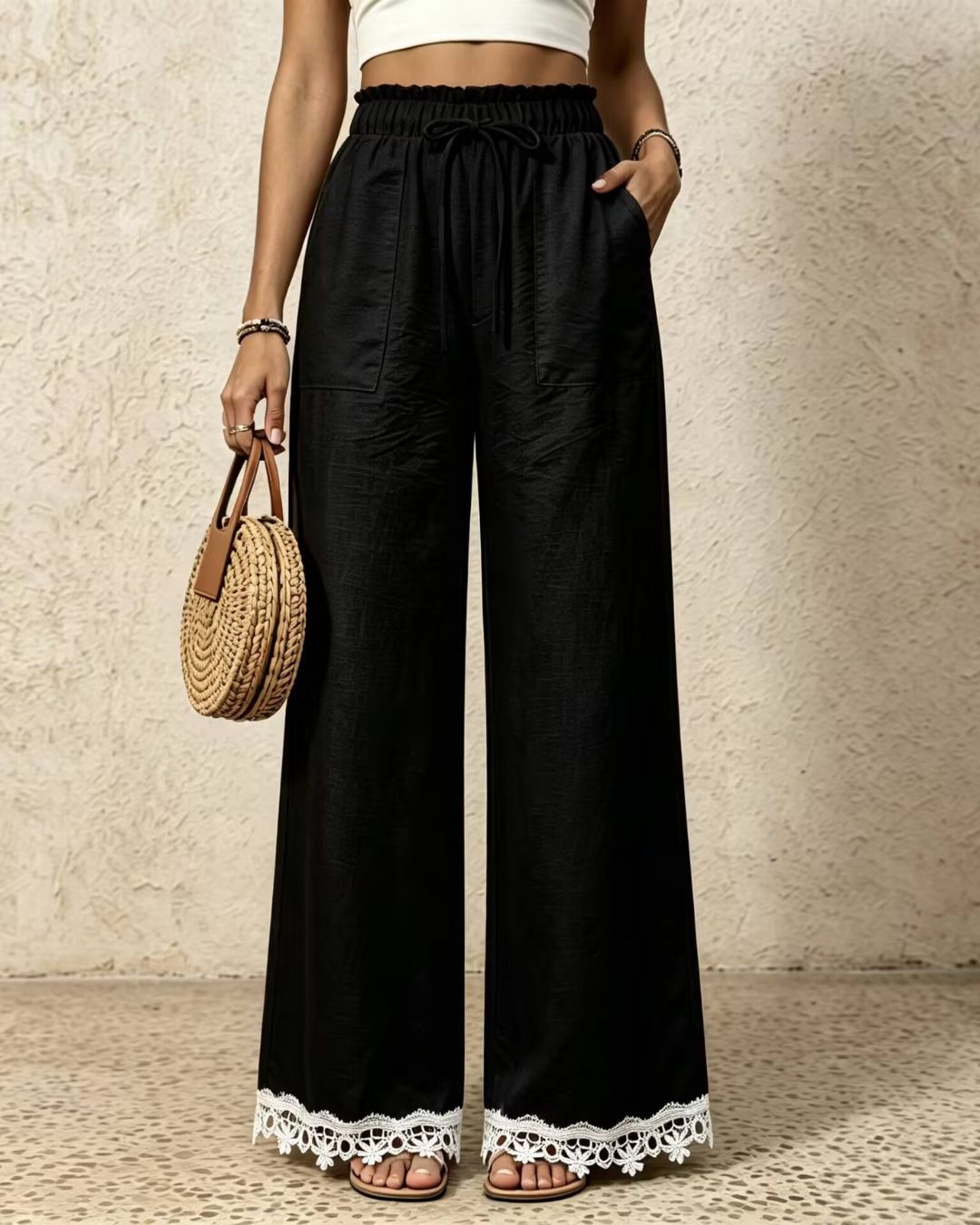 Vyla™ Lace Trim Wide-Leg Casual Straight-Leg Pants