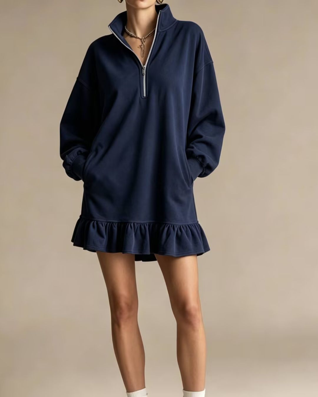 Vyla™ Half-Zip Stand Collar Casual Mini Dress