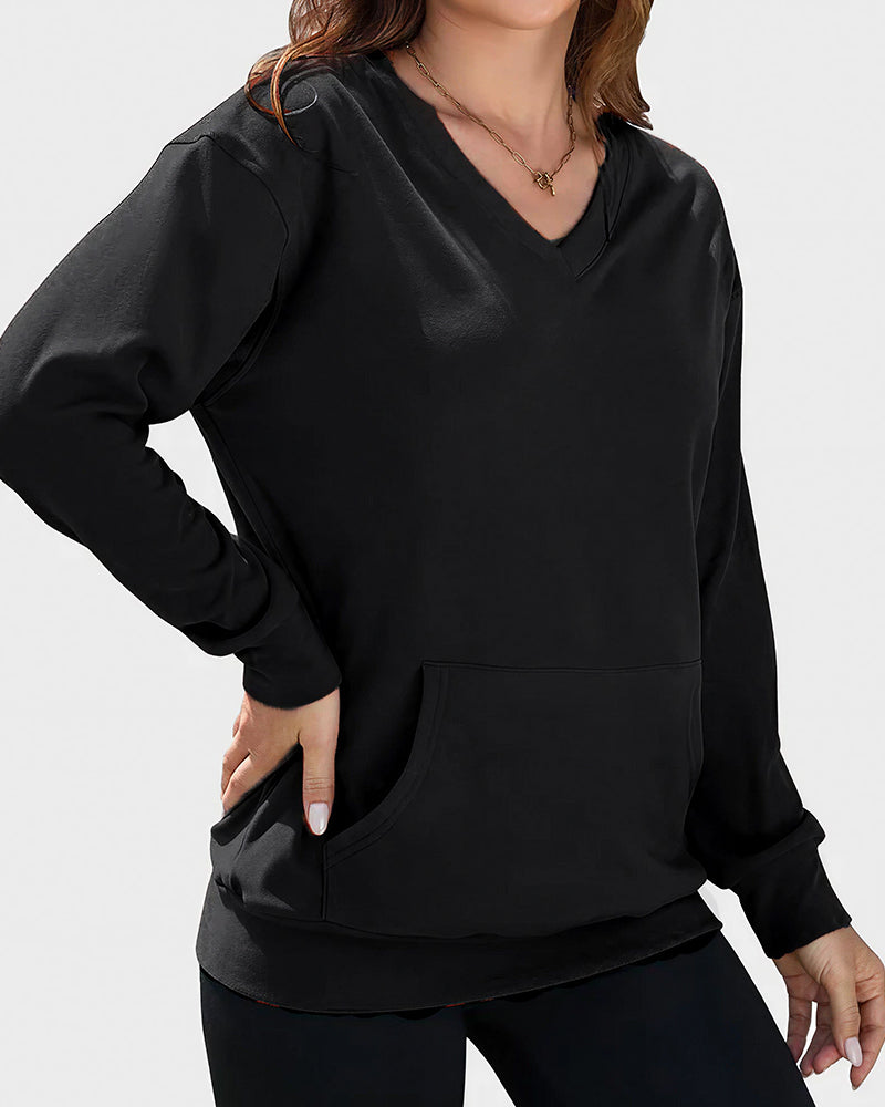 Vyla™ Casual V-Neck Long Sleeve Pullover Sweatshirt With Pocket