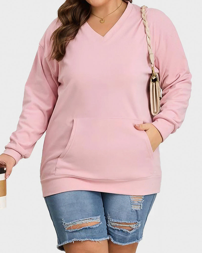 Vyla™ Casual V-Neck Long Sleeve Pullover Sweatshirt With Pocket