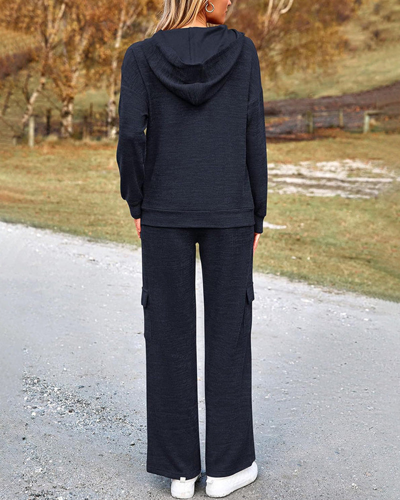 Vyla™ Casual 2-Piece Cargo Sweatsuit Set Hoodie and Pants