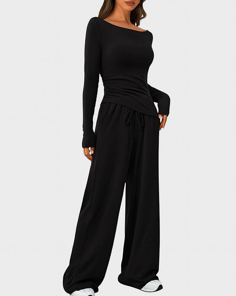 Aloveta™ Asymmetrical Long Sleeve Top & Wide Leg Pants Lounge Set