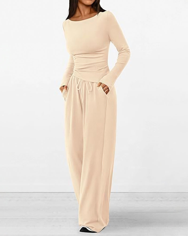 Aloveta™ Asymmetrical Long Sleeve Top & Wide Leg Pants Lounge Set