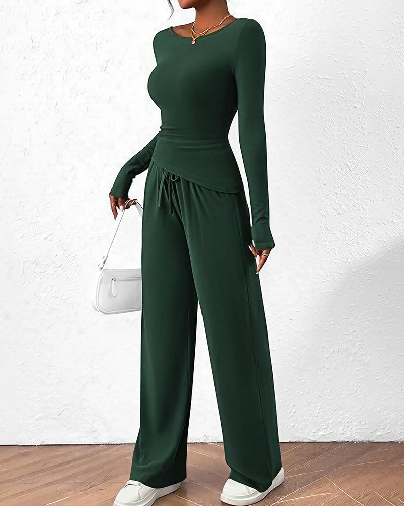 Aloveta™ Asymmetrical Long Sleeve Top & Wide Leg Pants Lounge Set