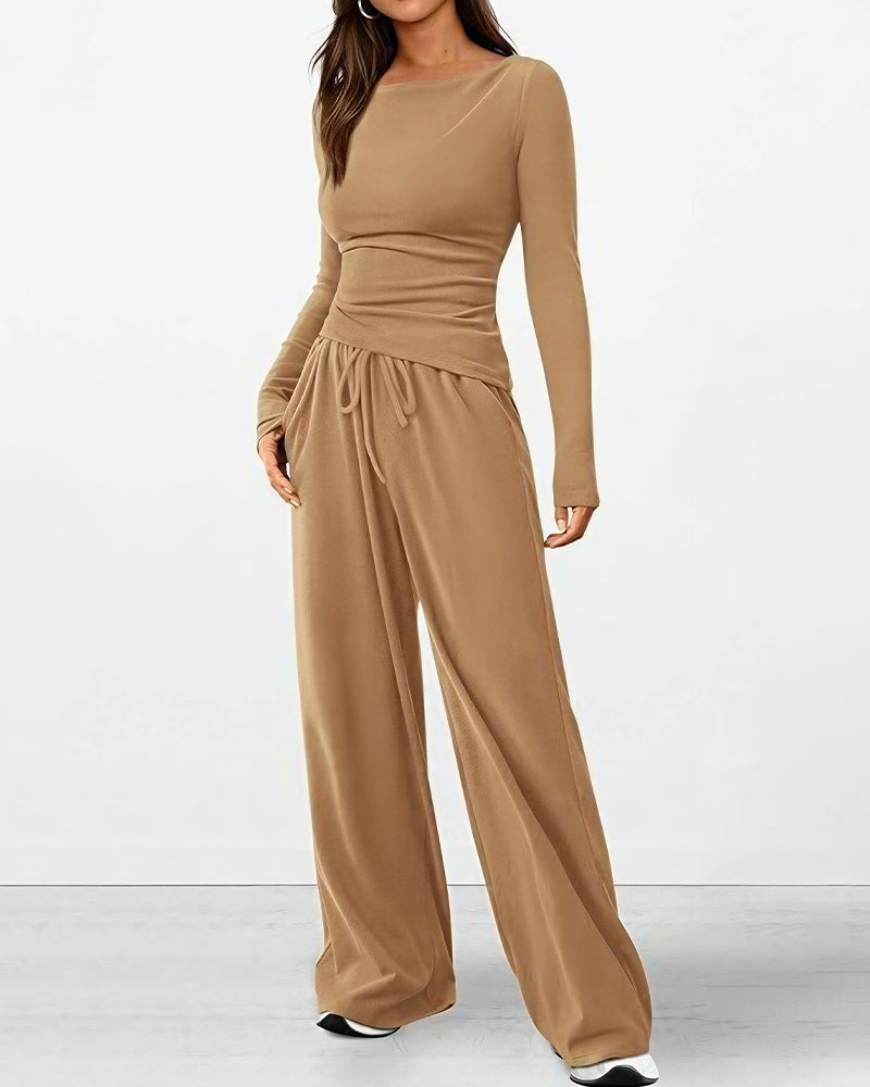 Aloveta™ Asymmetrical Long Sleeve Top & Wide Leg Pants Lounge Set