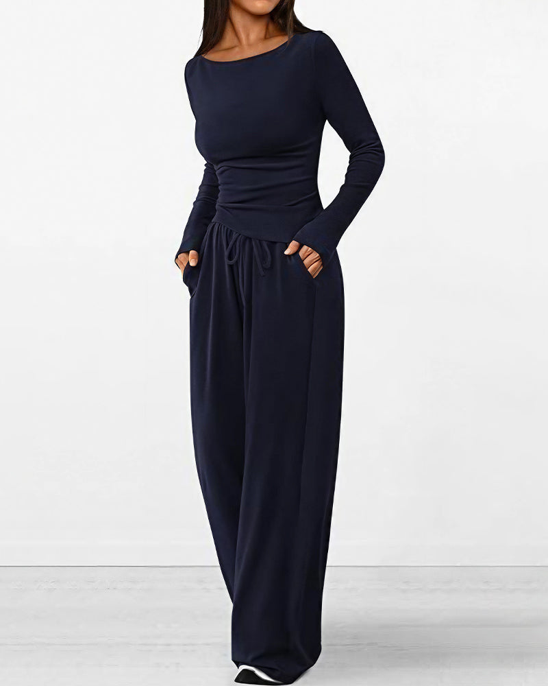 Aloveta™ Asymmetrical Long Sleeve Top & Wide Leg Pants Lounge Set
