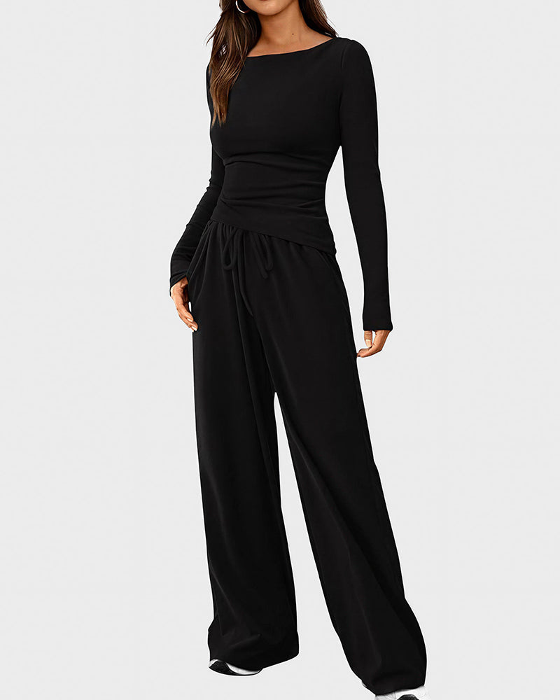Aloveta™ Asymmetrical Long Sleeve Top & Wide Leg Pants Lounge Set