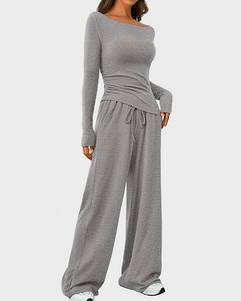 Aloveta™ Asymmetrical Long Sleeve Top & Wide Leg Pants Lounge Set
