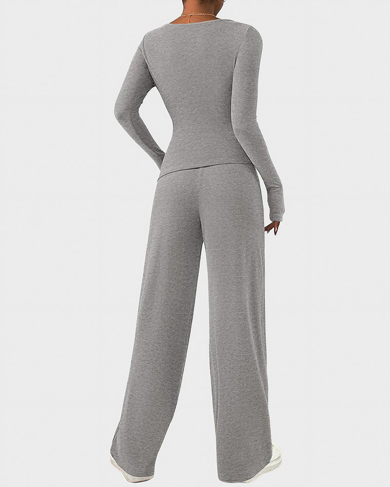 Aloveta™ Asymmetrical Long Sleeve Top & Wide Leg Pants Lounge Set