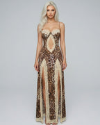 Vyla™ Leopard Print Lace Trim Slit Maxi Dress