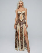 Vyla™ Leopard Print Lace Trim Slit Maxi Dress