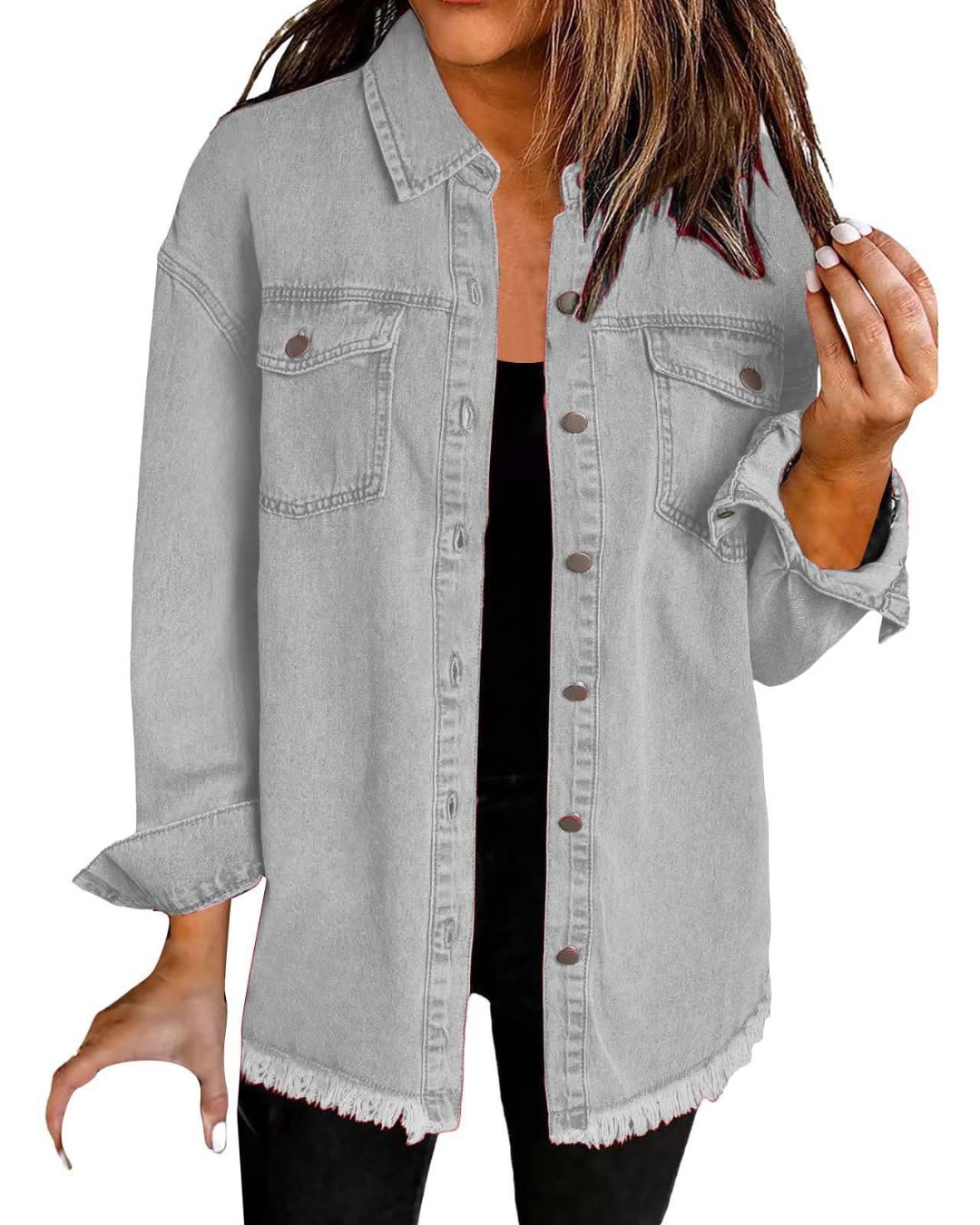Vyla™ Washed Denim Raw Hem Shirt Jacket