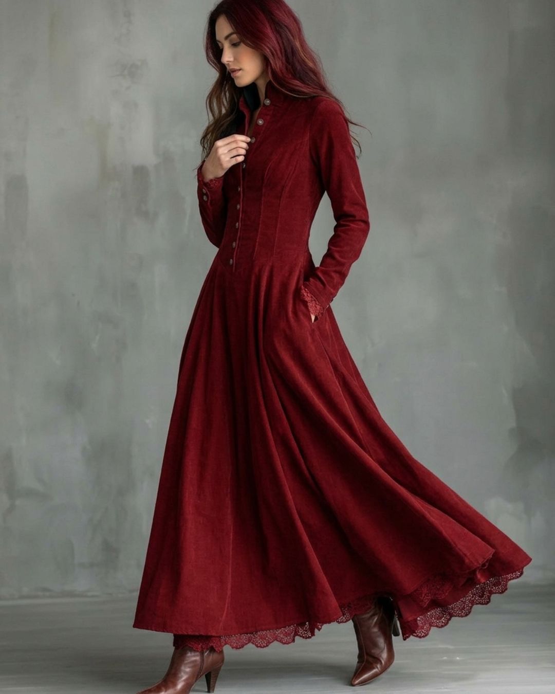 Vyla™ Vintage Faux Suede Lace Trim Shirt Maxi Dress