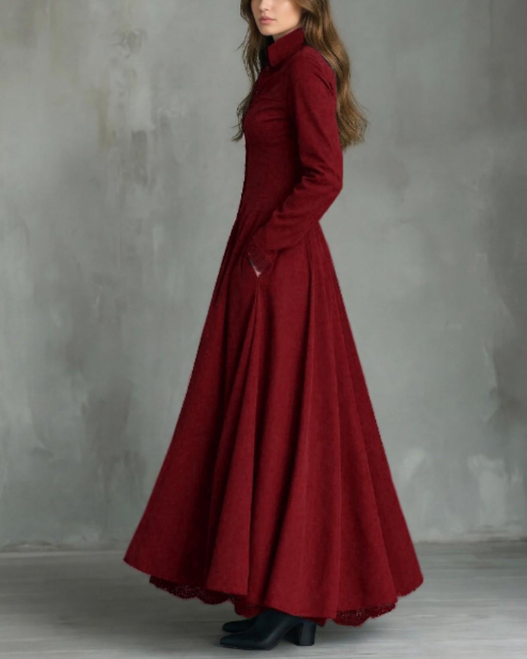 Vyla™ Vintage Faux Suede Lace Trim Shirt Maxi Dress