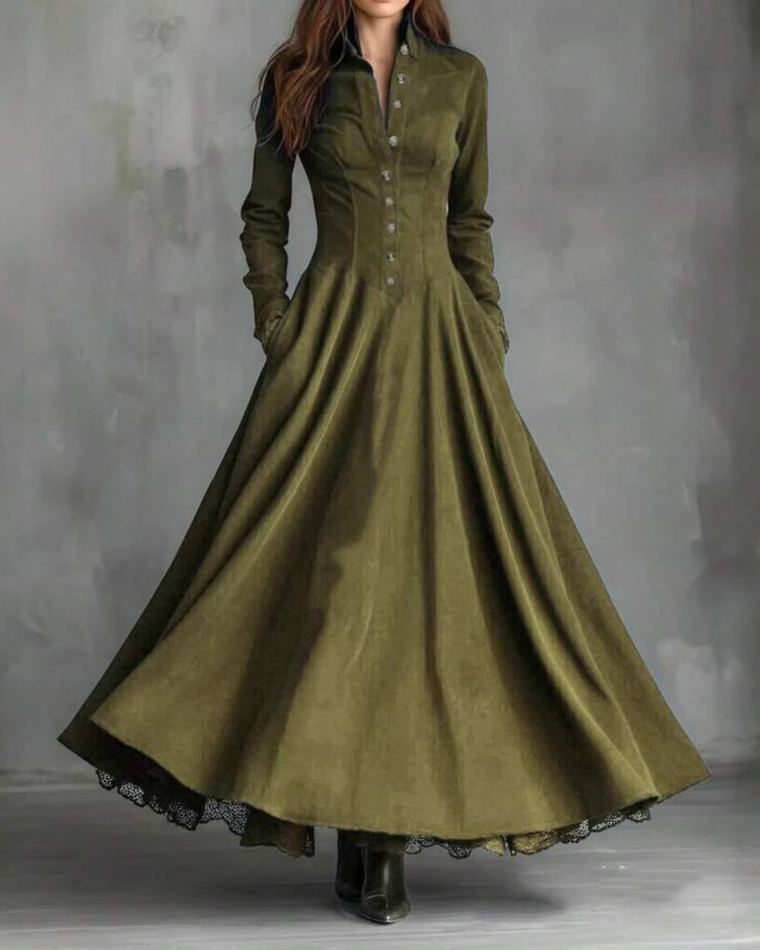 Vyla™ Vintage Faux Suede Lace Trim Shirt Maxi Dress