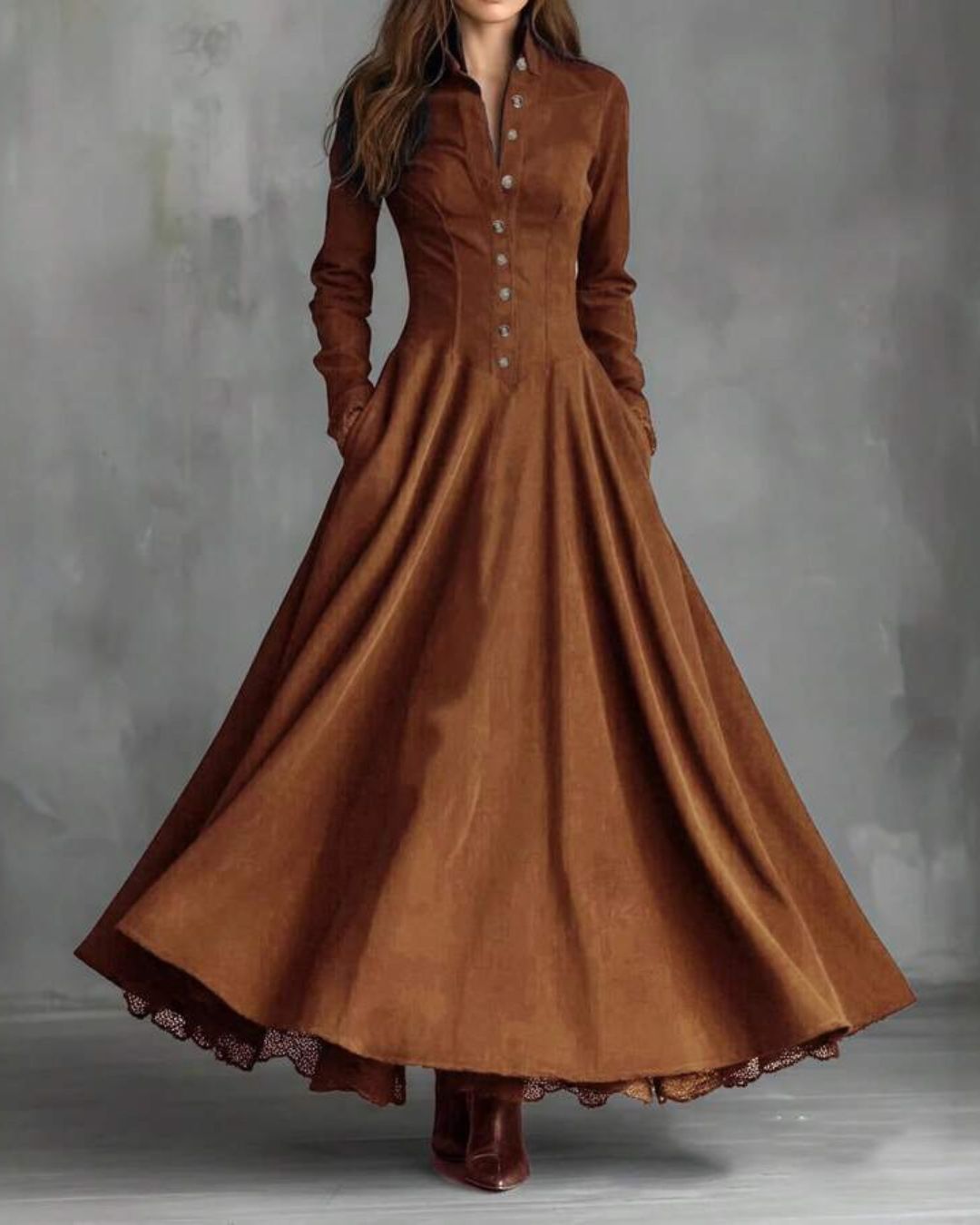 Vyla™ Vintage Faux Suede Lace Trim Shirt Maxi Dress