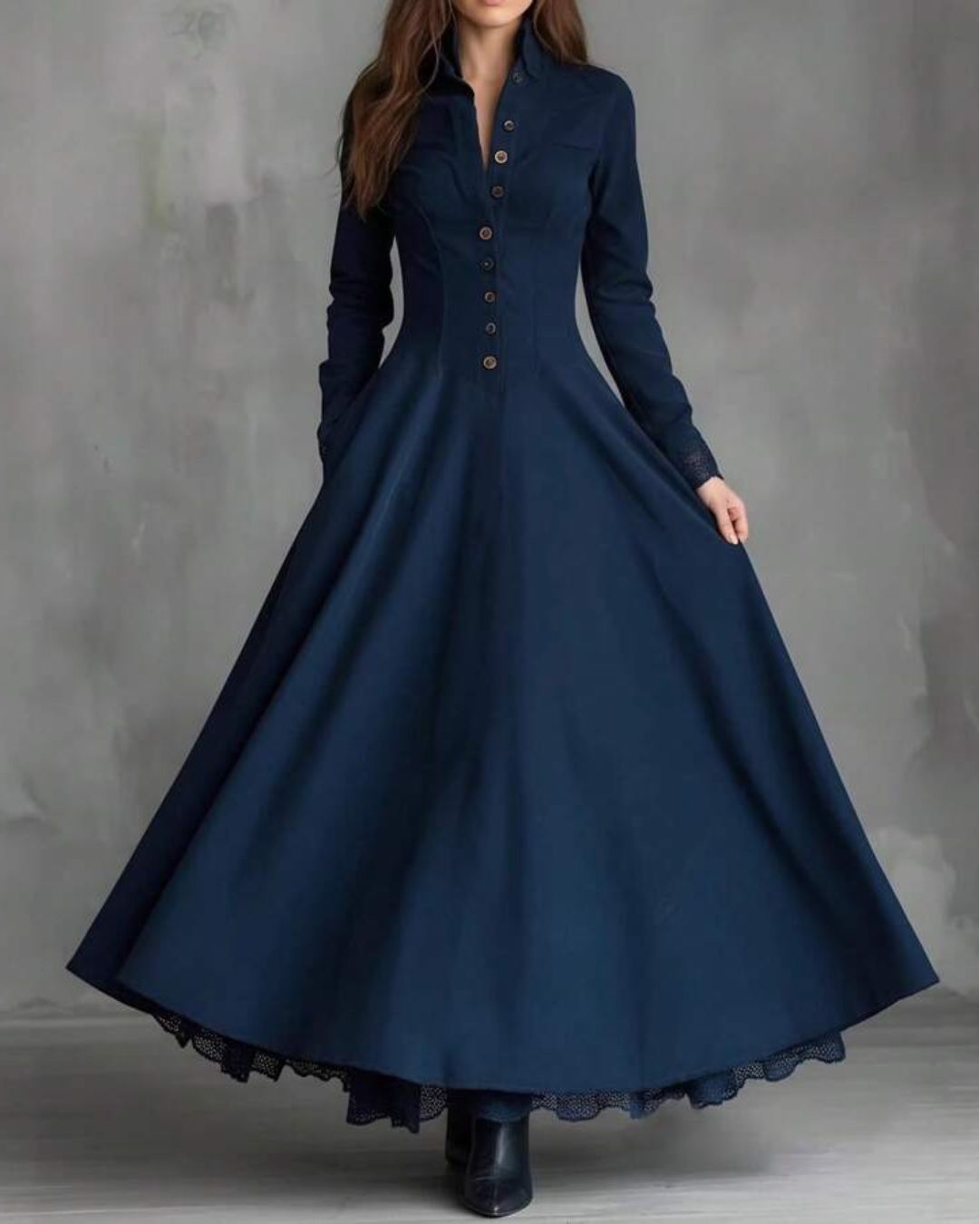 Vyla™ Vintage Faux Suede Lace Trim Shirt Maxi Dress
