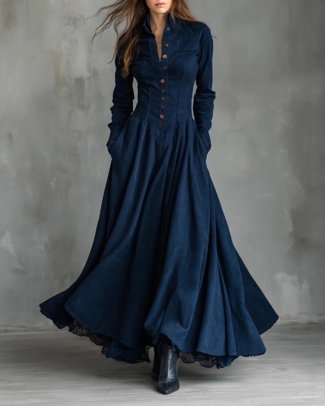 Vyla™ Vintage Faux Suede Lace Trim Shirt Maxi Dress