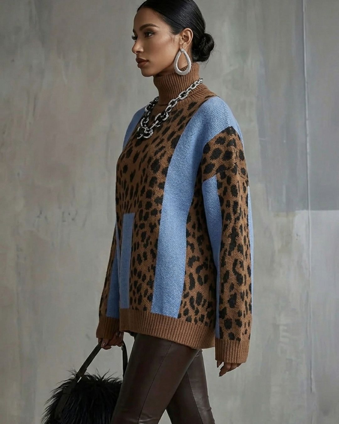 Vyla™ Vintage Patchwork Leopard Print Knit Sweater