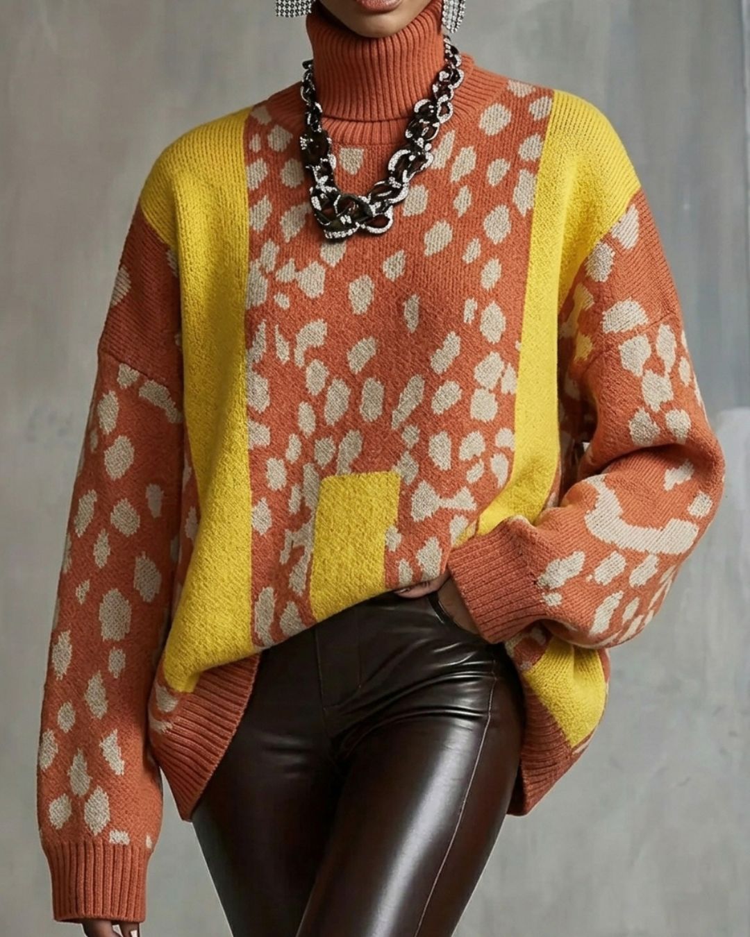 Vyla™ Vintage Patchwork Leopard Print Knit Sweater