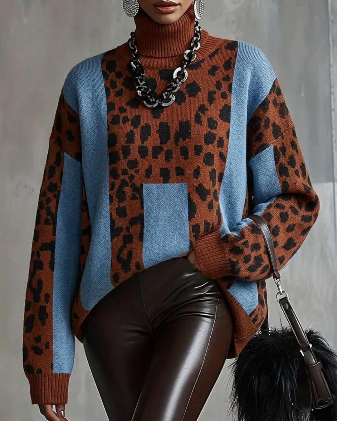 Vyla™ Vintage Patchwork Leopard Print Knit Sweater