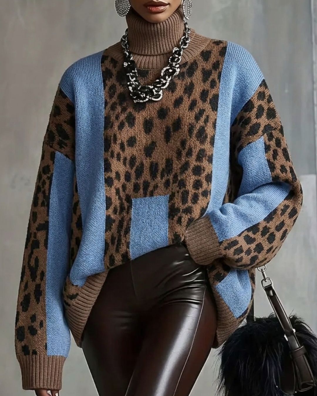 Vyla™ Vintage Patchwork Leopard Print Knit Sweater